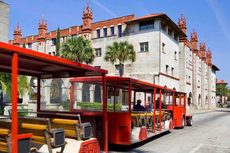 A trolley drives through St. Augustine A trolley drives through St. Augustine